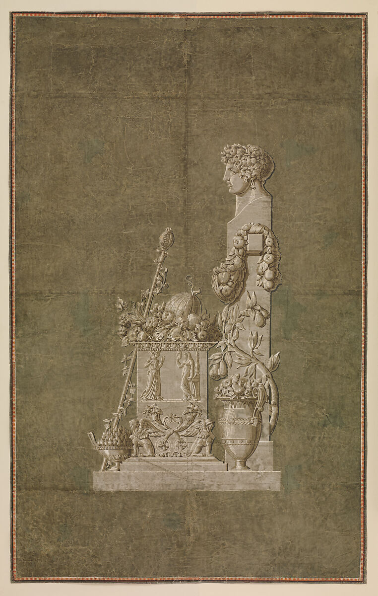 Wallpaper Panel depicting Spring with female herm, Jacquemart et Bénard (French, active 1791–1809), Grisaille on green ground 