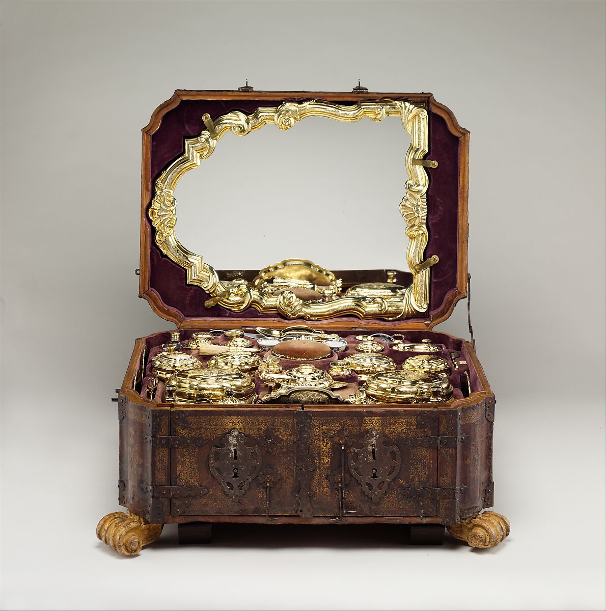 Toilet set in original leather case, Fourteen identified German (Augsburg) goldsmiths and other German artisans; Japanese (Imari) porcelain maker, Gilt silver, hard-paste porcelain, cut glass, walnut, carved and partially gilt coniferous wood, blind-tooled and partially gilt leather, partially gilt steel and iron, textiles, moiré paper, hog's bristle, German, Augsburg