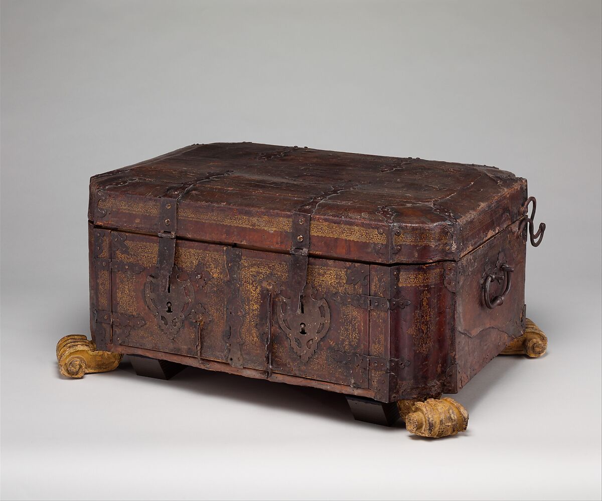 Toilet set in original leather case, Fourteen identified German (Augsburg) goldsmiths and other German artisans; Japanese (Imari) porcelain maker, Gilt silver, hard-paste porcelain, cut glass, walnut, carved and partially gilt coniferous wood, blind-tooled and partially gilt leather, partially gilt steel and iron, textiles, moiré paper, hog's bristle, German, Augsburg