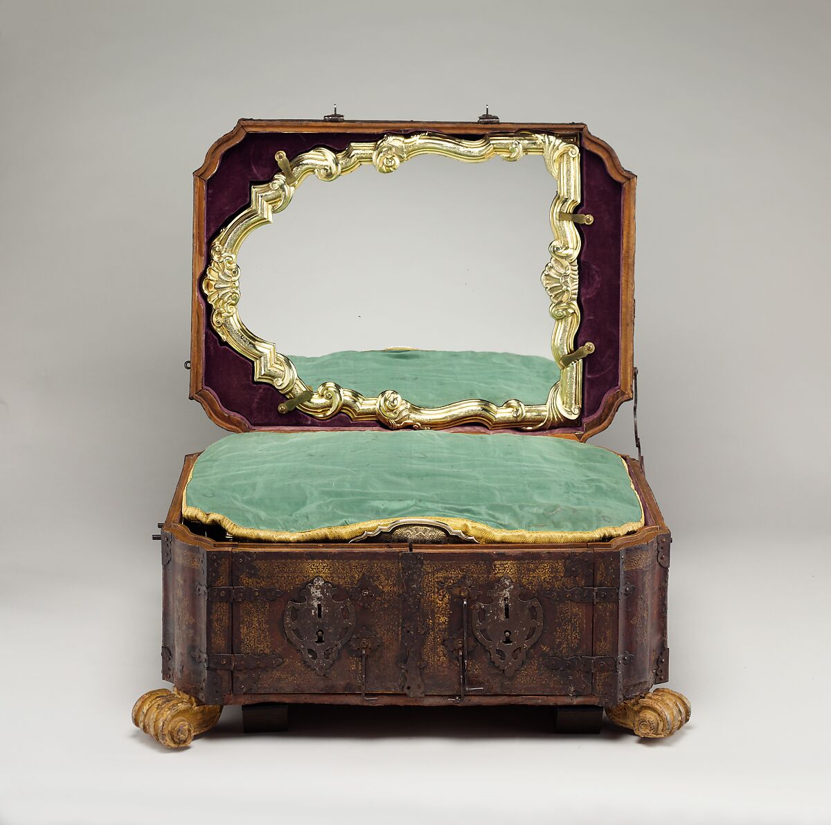 Toilet set in original leather case, Fourteen identified German (Augsburg) goldsmiths and other German artisans; Japanese (Imari) porcelain maker, Gilt silver, hard-paste porcelain, cut glass, walnut, carved and partially gilt coniferous wood, blind-tooled and partially gilt leather, partially gilt steel and iron, textiles, moiré paper, hog's bristle, German, Augsburg