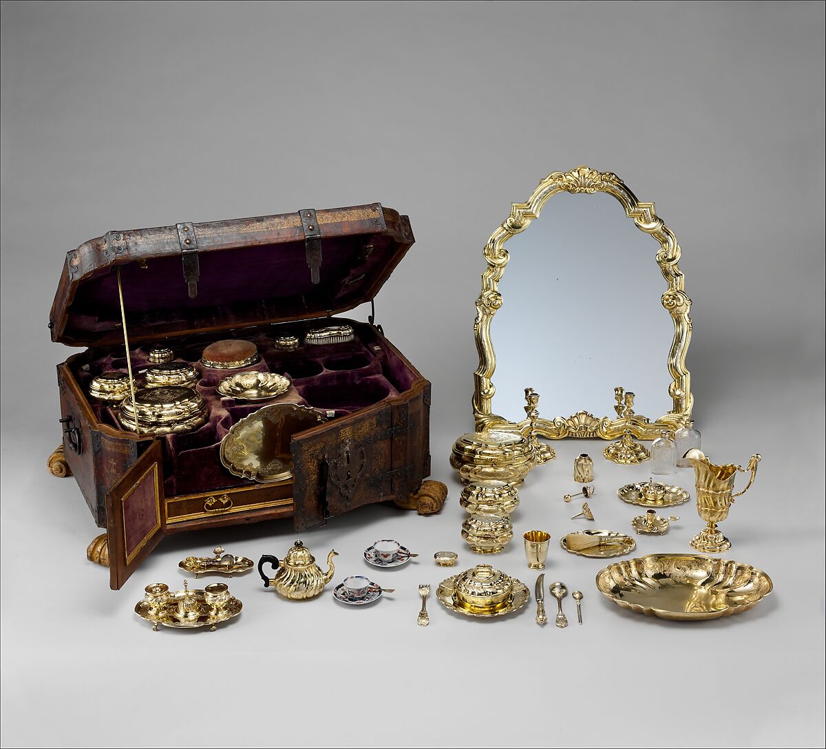 Toilet set in original leather case, Fourteen identified German (Augsburg) goldsmiths and other German artisans; Japanese (Imari) porcelain maker, Gilt silver, hard-paste porcelain, cut glass, walnut, carved and partially gilt coniferous wood, blind-tooled and partially gilt leather, partially gilt steel and iron, textiles, moiré paper, hog's bristle, German, Augsburg