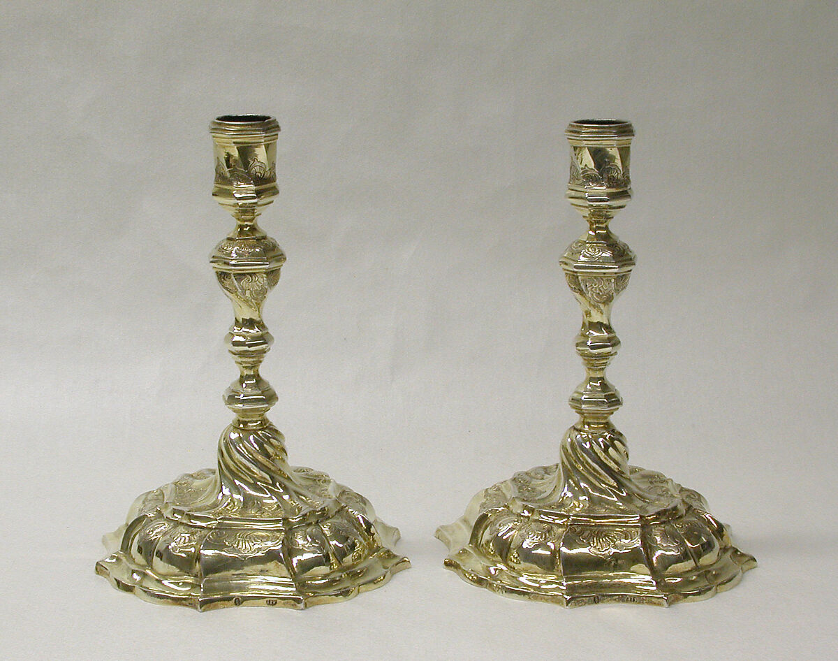 Candlestick (one of a pair), Johann Peter Pepfenhauser (German, active 1738–47), Silver gilt, German, Augsburg 