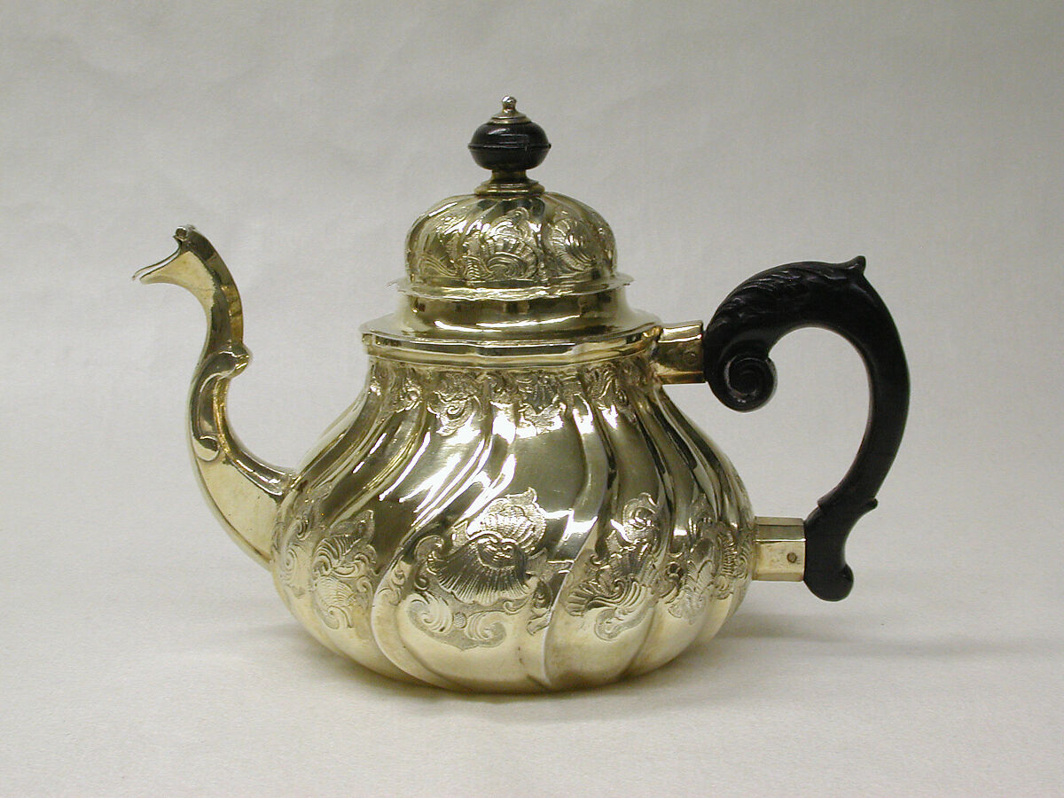 Teapot, Andreas Friedrich Stemmler (German, active 1745–1755), Silver gilt, wood, German, Augsburg 