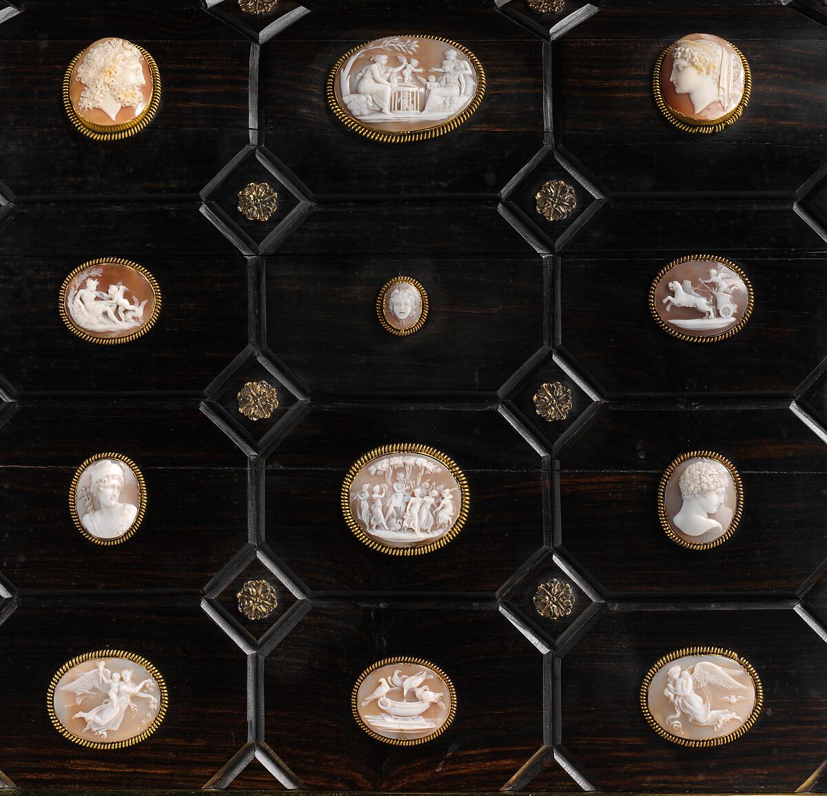 Casket, Unknown maker for R. &amp; S. Garrard &amp; Co. (founded 1735), Shell cameo; Macassar ebony; silver-gilt, British (casket) and Italian (cameos)