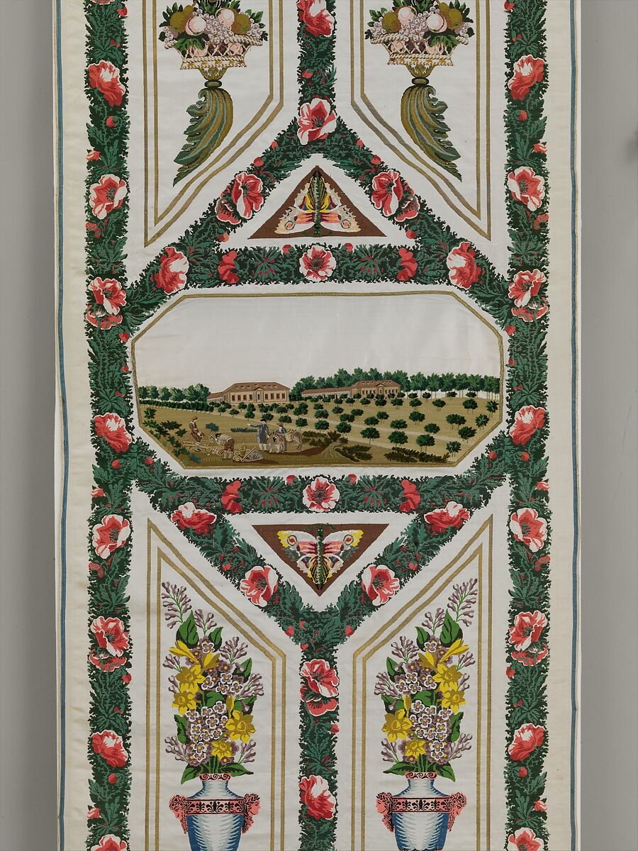 Two panels from the 'Verdures du Vatican' series, Designed by Jean Démosthène Dugourc (French, Versailles 1749–1825 Paris), Woven silk and metal thread with applied silk and chenille embroidery, French, Lyon