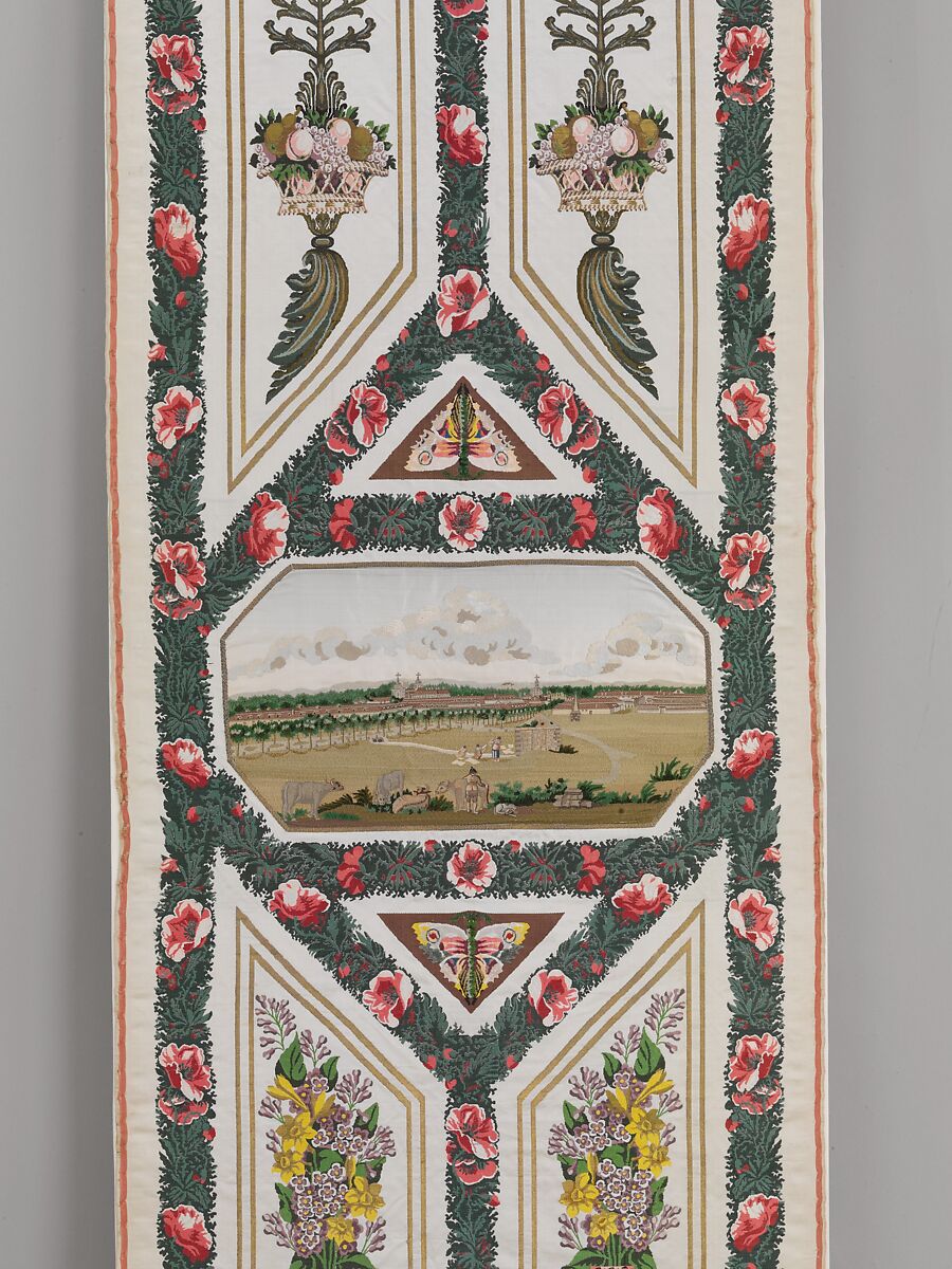 Two panels from the 'Verdures du Vatican' series, Designed by Jean Démosthène Dugourc (French, Versailles 1749–1825 Paris), Woven silk and metal thread with applied silk and chenille embroidery, French, Lyon