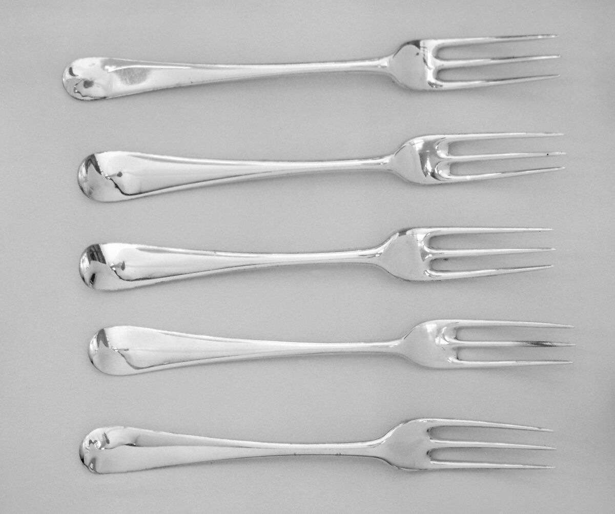 Fork (one of five), possibly by Isaac Callard Jr. (entered 1739), Silver, British, London 