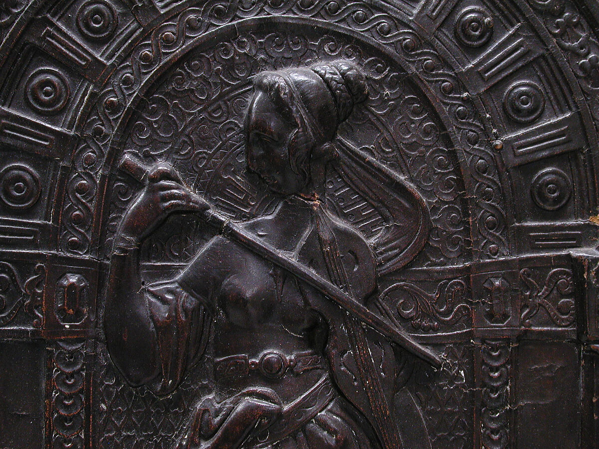 Allegory of Music, Leather, blind stamped, embossed, molded and incised; on later wooden mount, Northern French