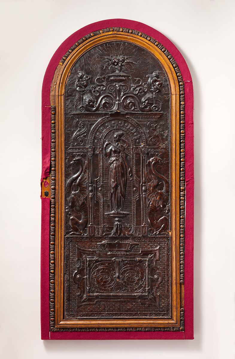 Allegory of Music, Leather, blind stamped, embossed, molded and incised; on later wooden mount, Northern French 