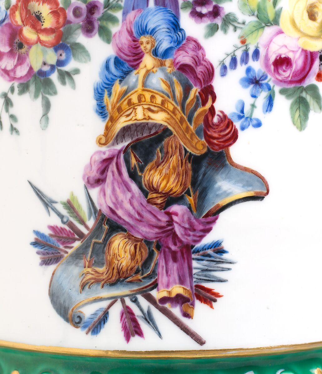 Vase with cover (Vase en tour) (one of a pair), Sèvres Manufactory (French, 1740–present), Soft-paste porcelain decorated in polychrome enamels, gold, French, Sèvres