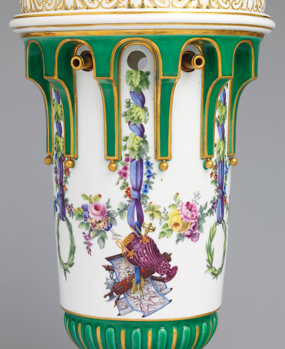 Vase with cover (Vase en tour) (one of a pair), Sèvres Manufactory (French, 1740–present), Soft-paste porcelain decorated in polychrome enamels, gold, French, Sèvres