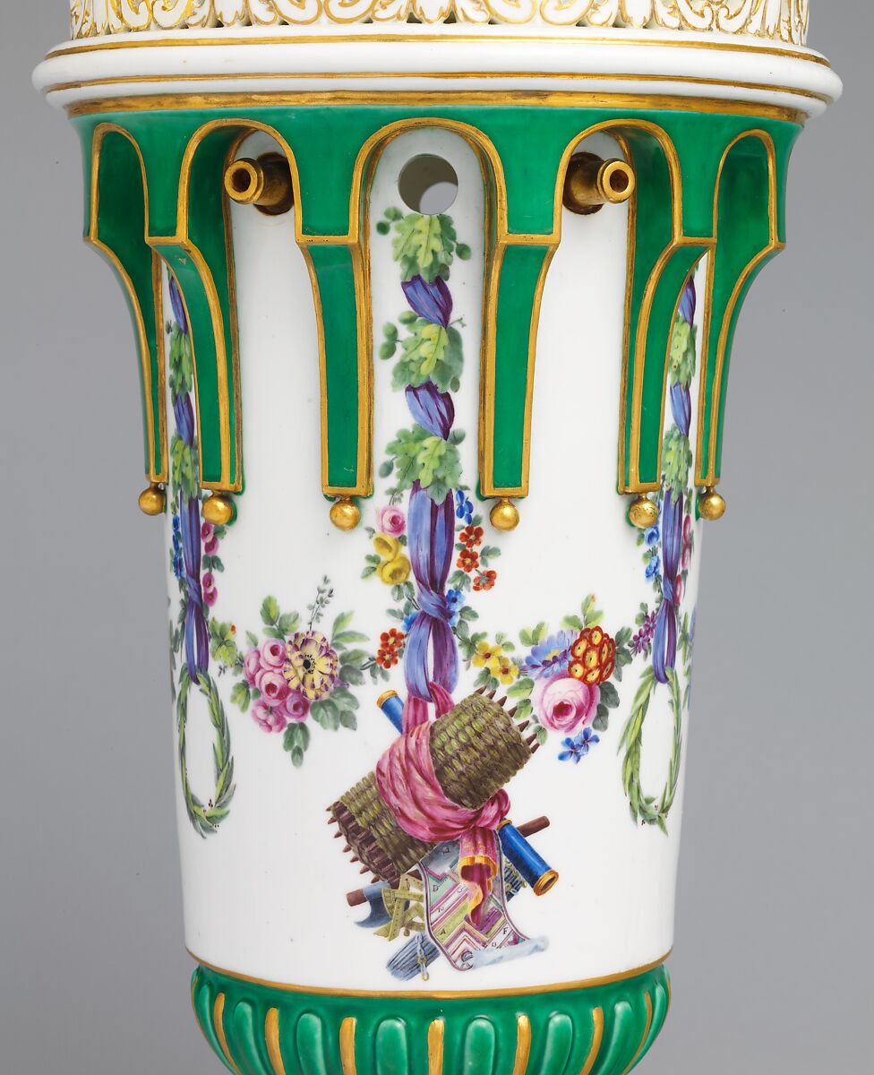 Vase with cover (Vase en tour) (one of a pair), Sèvres Manufactory (French, 1740–present), Soft-paste porcelain decorated in polychrome enamels, gold, French, Sèvres