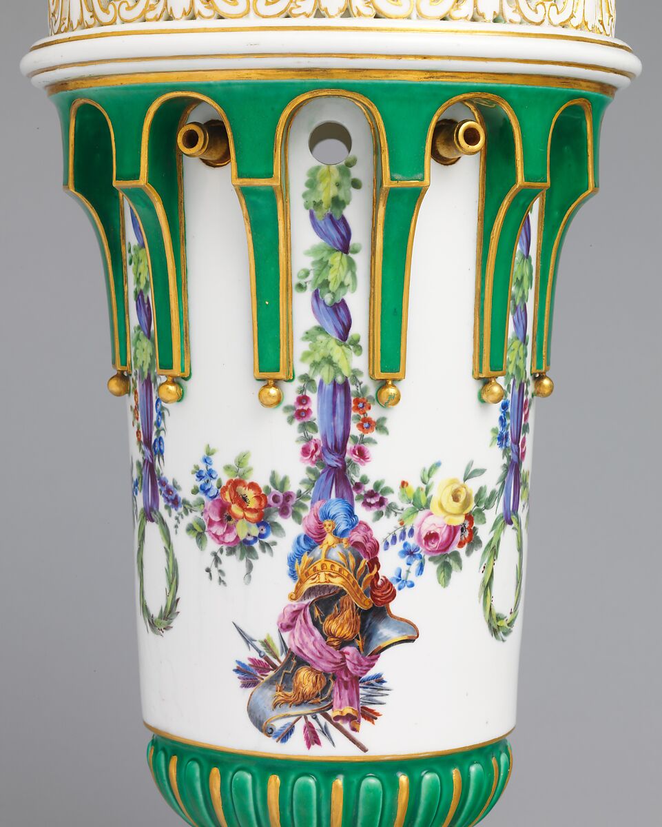 Vase with cover (Vase en tour) (one of a pair), Sèvres Manufactory (French, 1740–present), Soft-paste porcelain decorated in polychrome enamels, gold, French, Sèvres