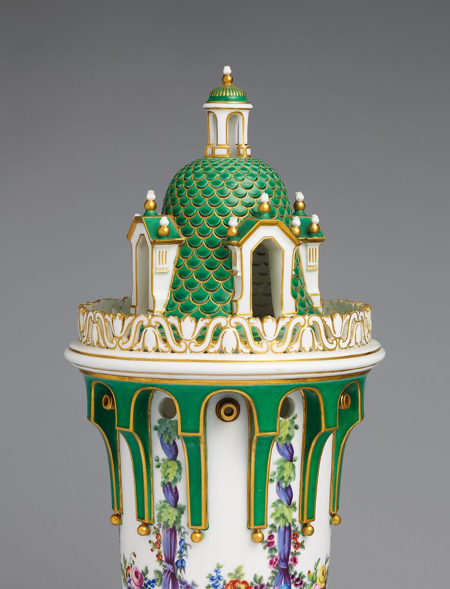 Vase with cover (Vase en tour) (one of a pair), Sèvres Manufactory (French, 1740–present), Soft-paste porcelain decorated in polychrome enamels, gold, French, Sèvres