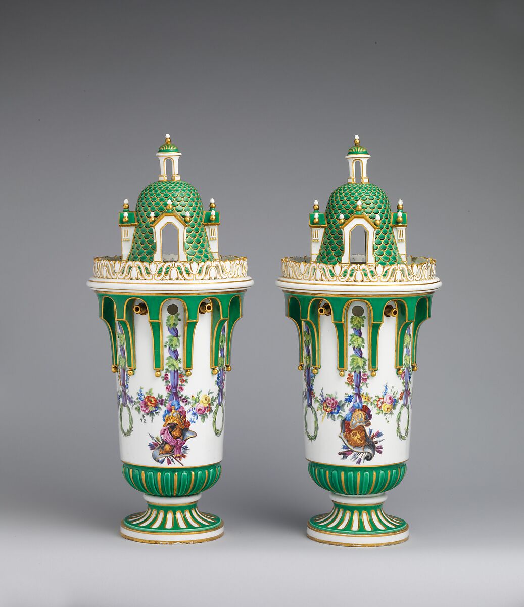 Vase with cover (Vase en tour) (one of a pair), Sèvres Manufactory (French, 1740–present), Soft-paste porcelain decorated in polychrome enamels, gold, French, Sèvres