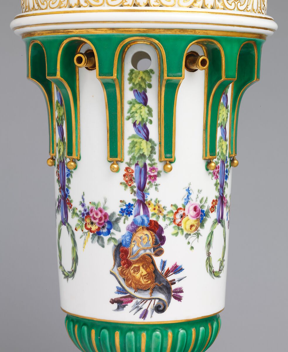 Vase with cover (Vase en tour) (one of a pair), Sèvres Manufactory (French, 1740–present), Soft-paste porcelain decorated in polychrome enamels, gold, French, Sèvres