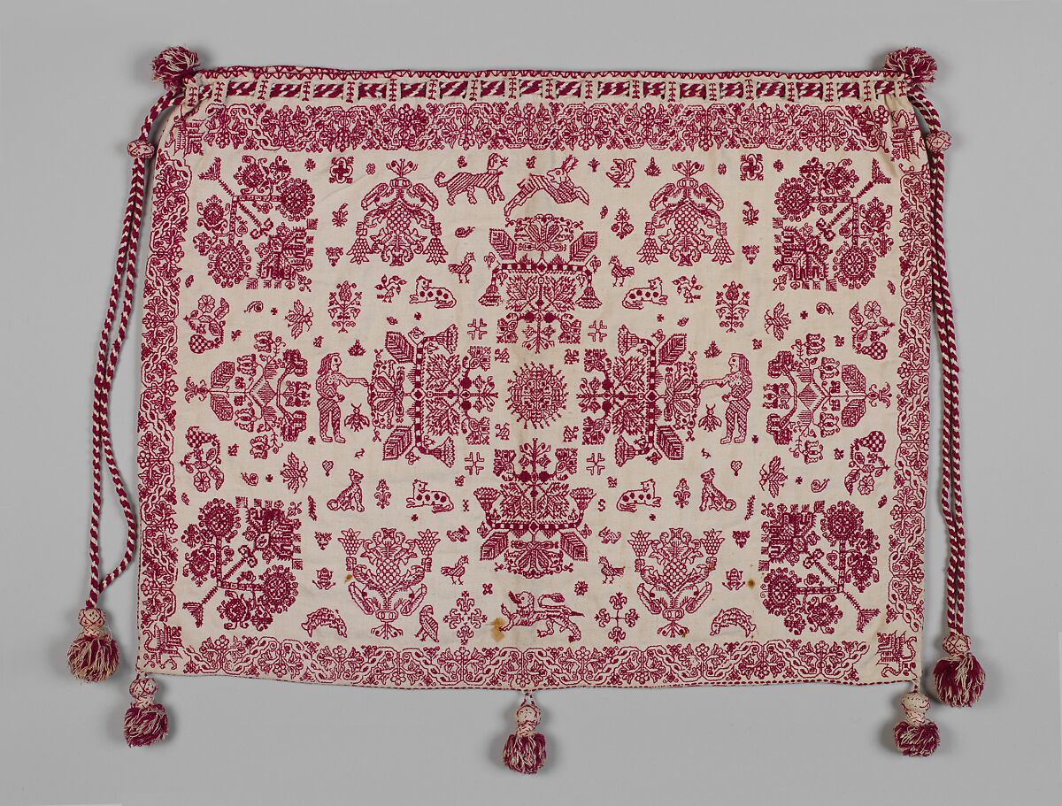 Work bag, Linen worked with wool thread; double running and herringbone stitches, British