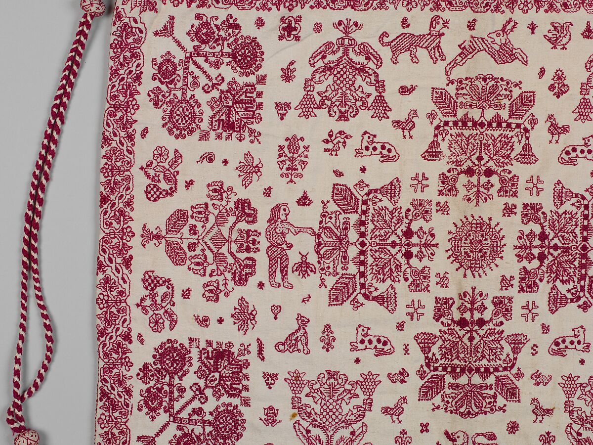 Work bag, Linen worked with wool thread; double running and herringbone stitches, British