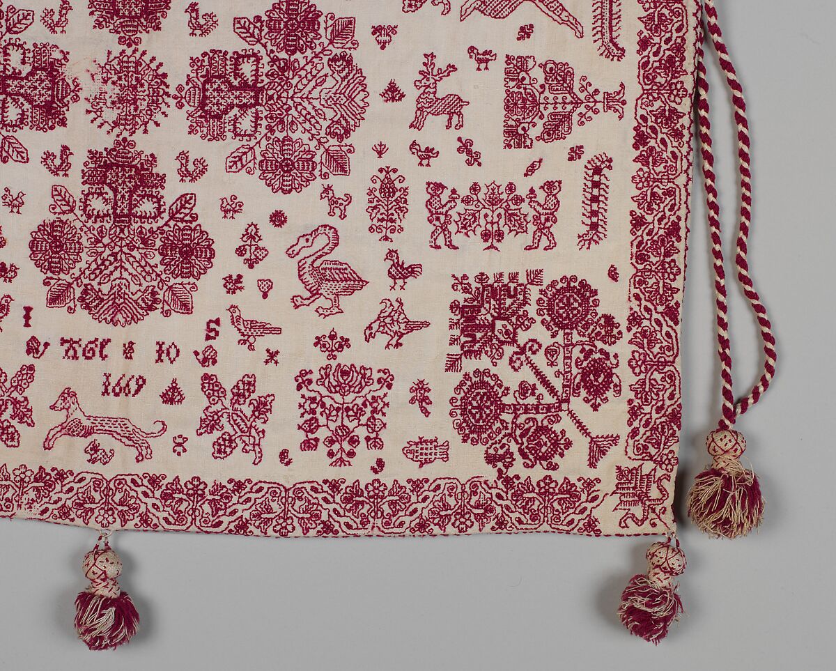 Work bag, Linen worked with wool thread; double running and herringbone stitches, British