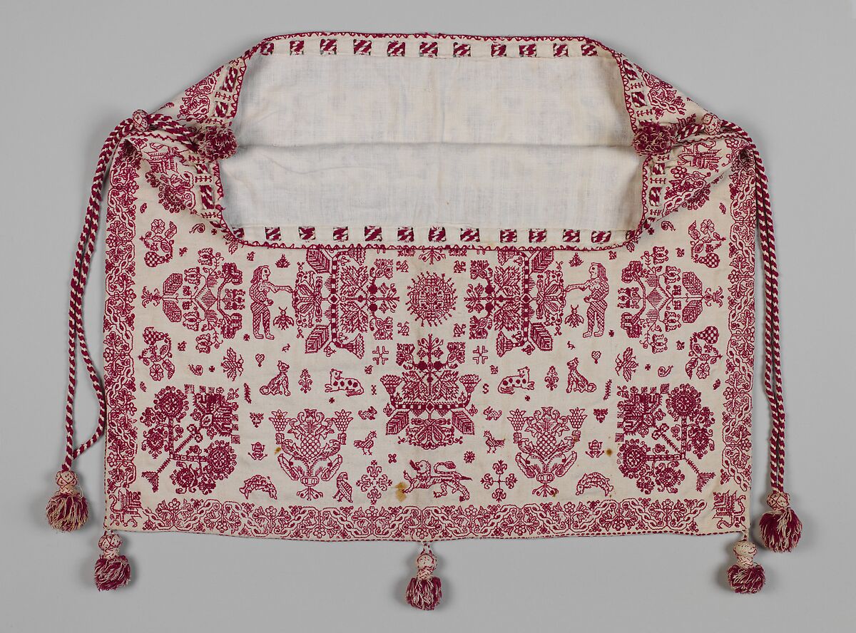 Work bag, Linen worked with wool thread; double running and herringbone stitches, British