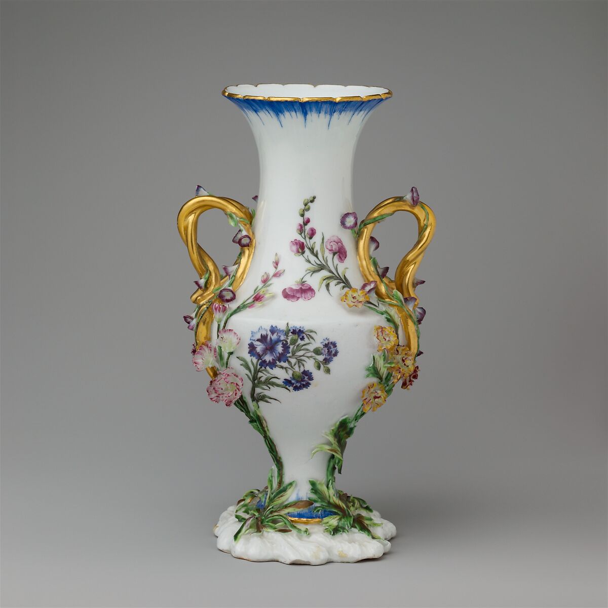 Vase (urne Duplessis) (one of a group of three), Vincennes Manufactory (French, ca. 1740–1756), Soft-paste porcelain decorated in polychrome enamels, gold, French, Vincennes