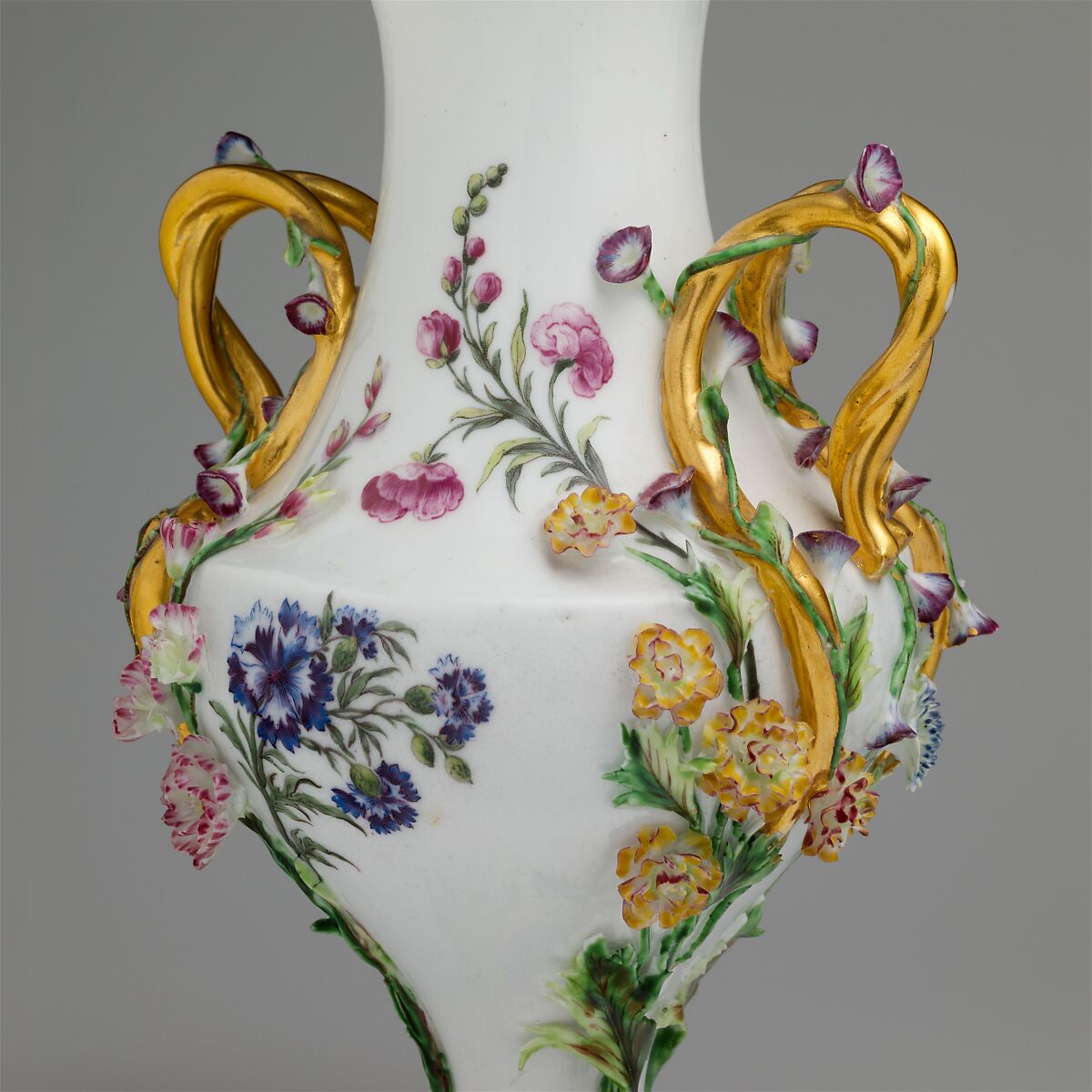 Vase (urne Duplessis) (one of a group of three), Vincennes Manufactory (French, ca. 1740–1756), Soft-paste porcelain decorated in polychrome enamels, gold, French, Vincennes