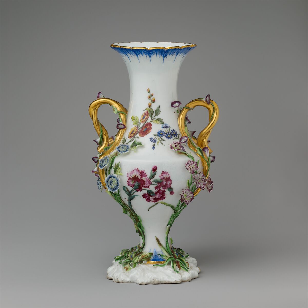 Vase (urne Duplessis) (one of a group of three), Vincennes Manufactory (French, ca. 1740–1756), Soft-paste porcelain decorated in polychrome enamels, gold, French, Vincennes 