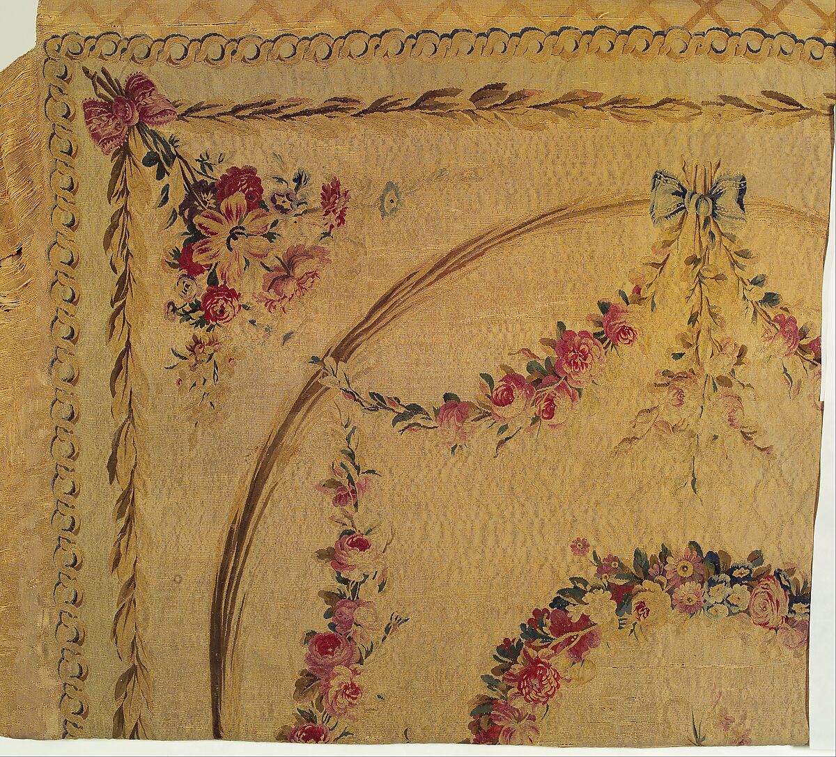 Tester bed (lit à la duchesse en impériale), Georges Jacob (French, Cheny 1739–1814 Paris), Carved, painted and gilded walnut, pine, and linden; iron hardware; silk and wool Beauvais tapestry; modern silk damask, French, Paris
