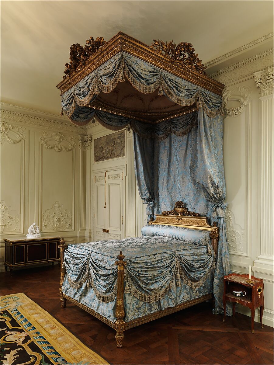 Tester bed that is carved, painted and gilded walnut, pine, and linden; iron hardware; silk and wool Beauvais tapestry; modern silk damask.