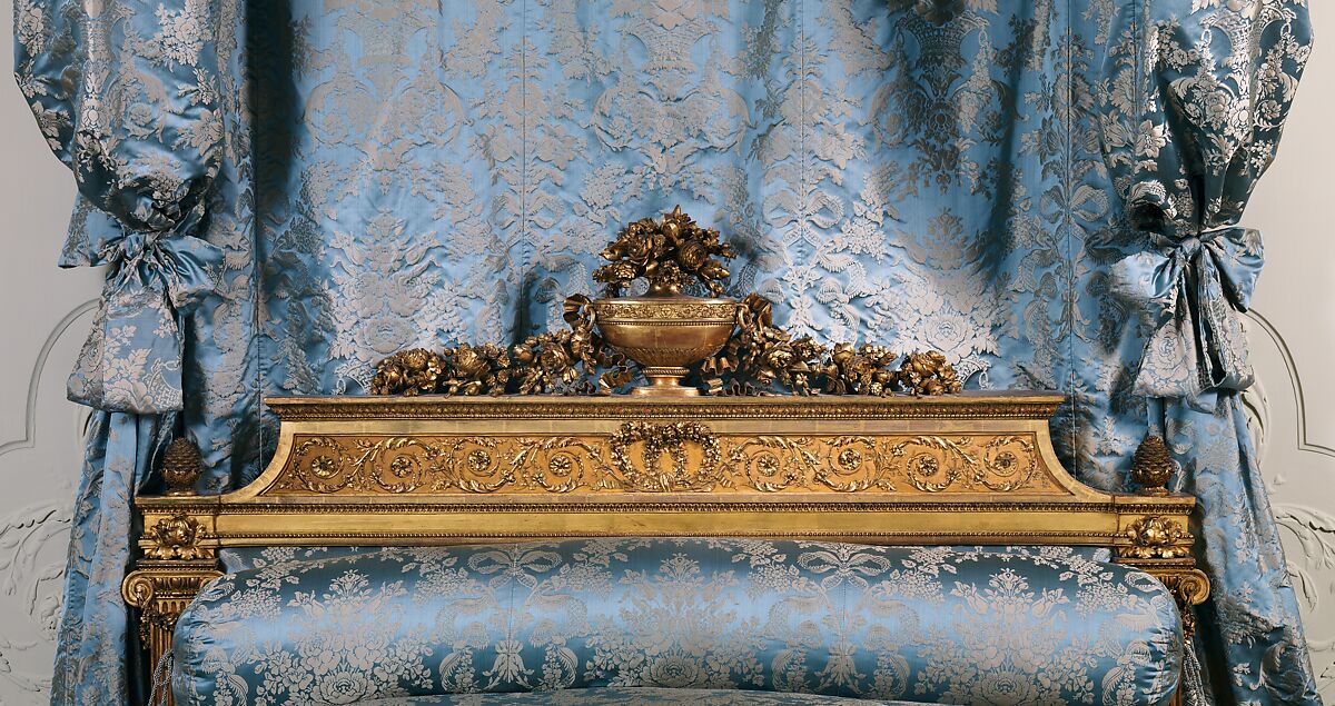 Tester bed (lit à la duchesse en impériale), Georges Jacob (French, Cheny 1739–1814 Paris), Carved, painted and gilded walnut, pine, and linden; iron hardware; silk and wool Beauvais tapestry; modern silk damask, French, Paris