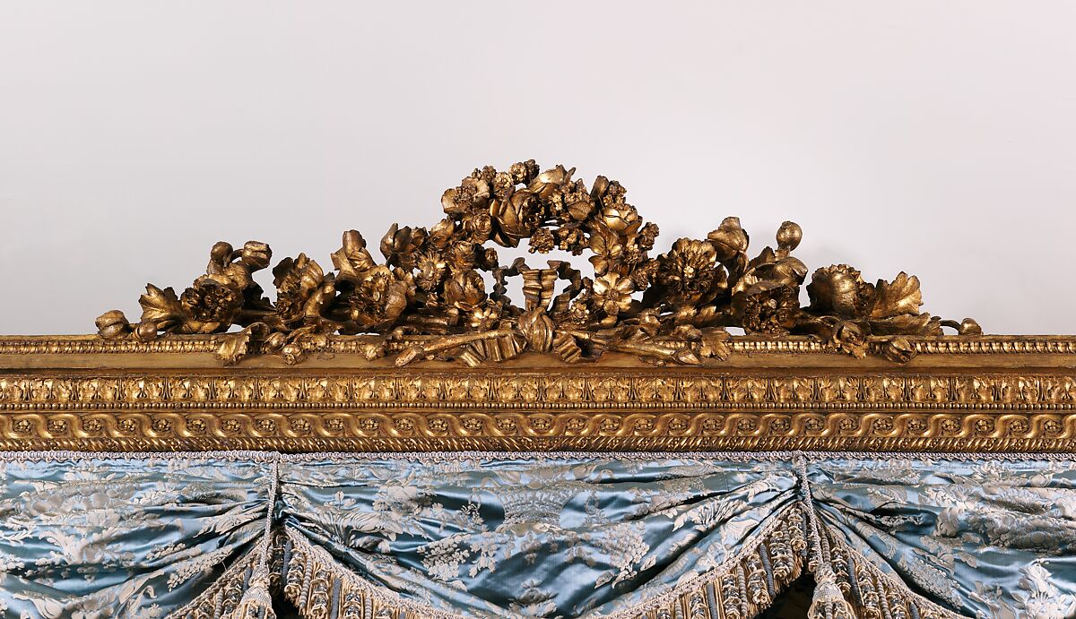 Tester bed (lit à la duchesse en impériale), Georges Jacob (French, Cheny 1739–1814 Paris), Carved, painted and gilded walnut, pine, and linden; iron hardware; silk and wool Beauvais tapestry; modern silk damask, French, Paris