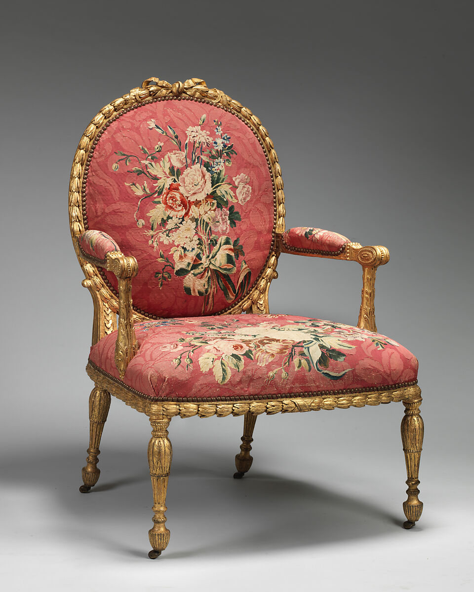 Armchair (one of a set of six), John Mayhew (British, 1736–1811), Gilded fruitwood; wool, silk (22-24 warps per inch, 9-10 per centimeter), British and French 