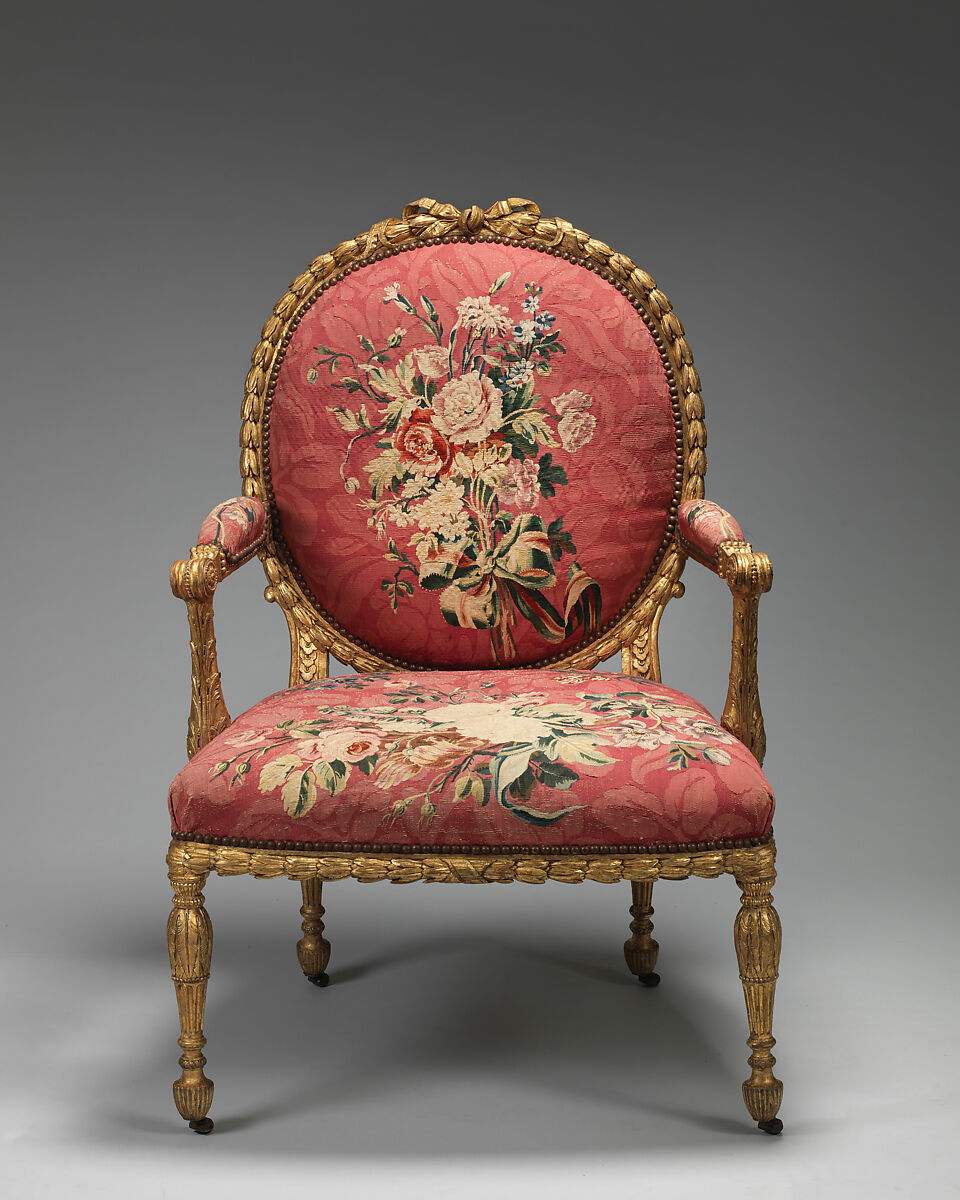 Armchair (one of a set of six), John Mayhew (British, 1736–1811), Gilded fruitwood; wool, silk (22-24 warps per inch, 9-10 per centimeter), British and French