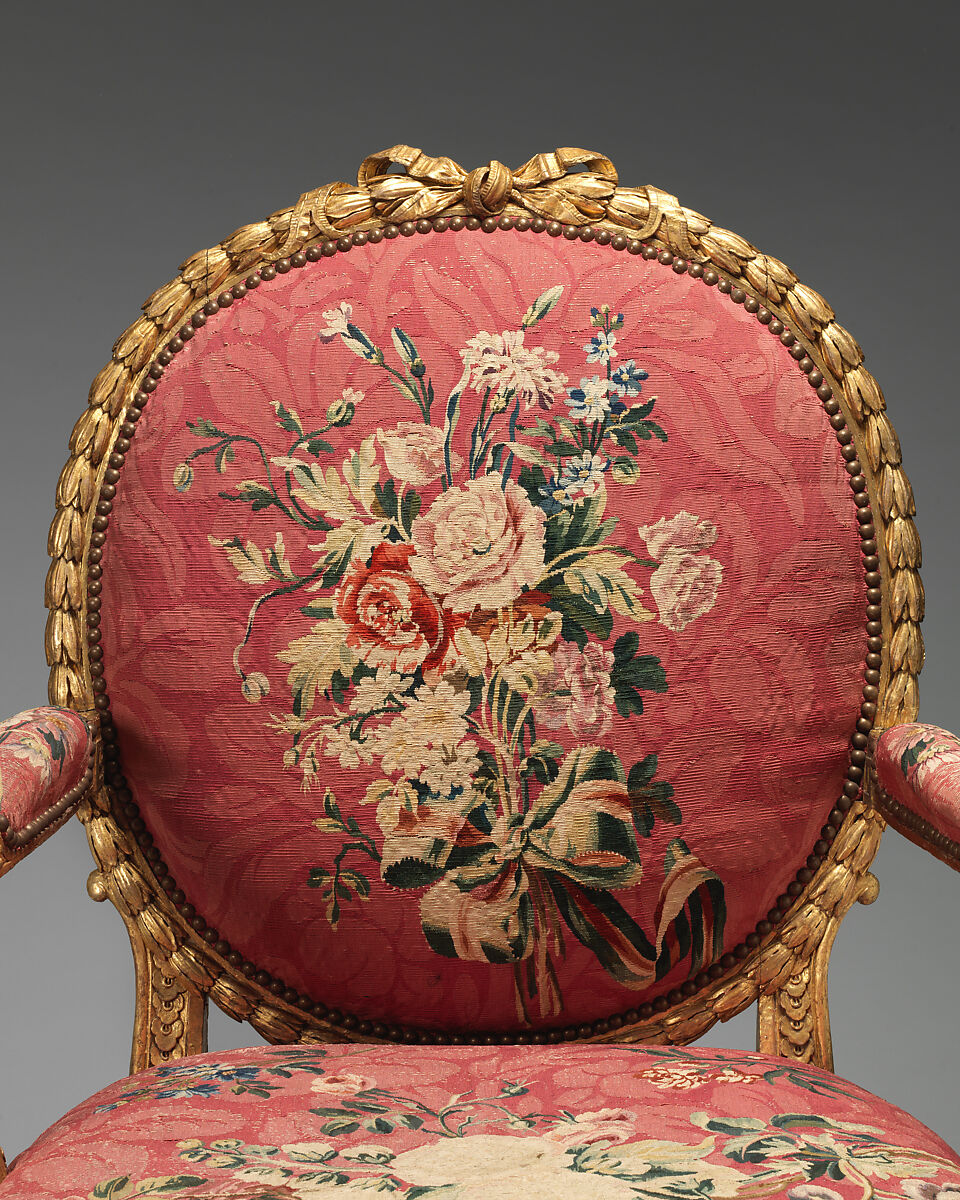 Armchair (one of a set of six), John Mayhew (British, 1736–1811), Gilded fruitwood; wool, silk (22-24 warps per inch, 9-10 per centimeter), British and French