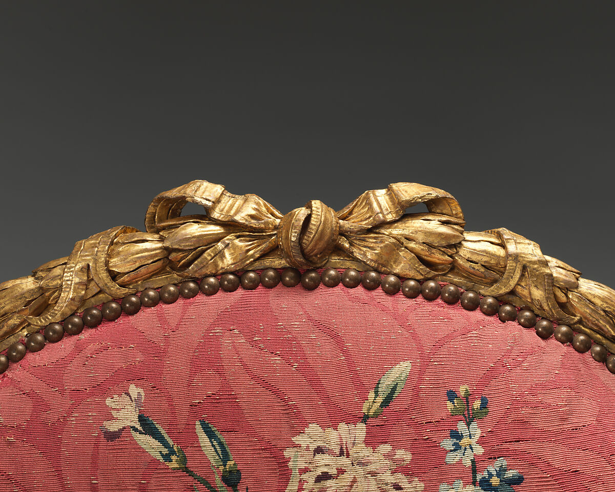 Armchair (one of a set of six), John Mayhew (British, 1736–1811), Gilded fruitwood; wool, silk (22-24 warps per inch, 9-10 per centimeter), British and French