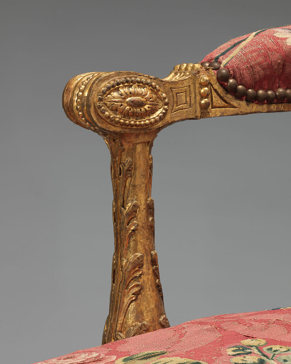 Armchair (one of a set of six), John Mayhew (British, 1736–1811), Gilded fruitwood; wool, silk (22-24 warps per inch, 9-10 per centimeter), British and French