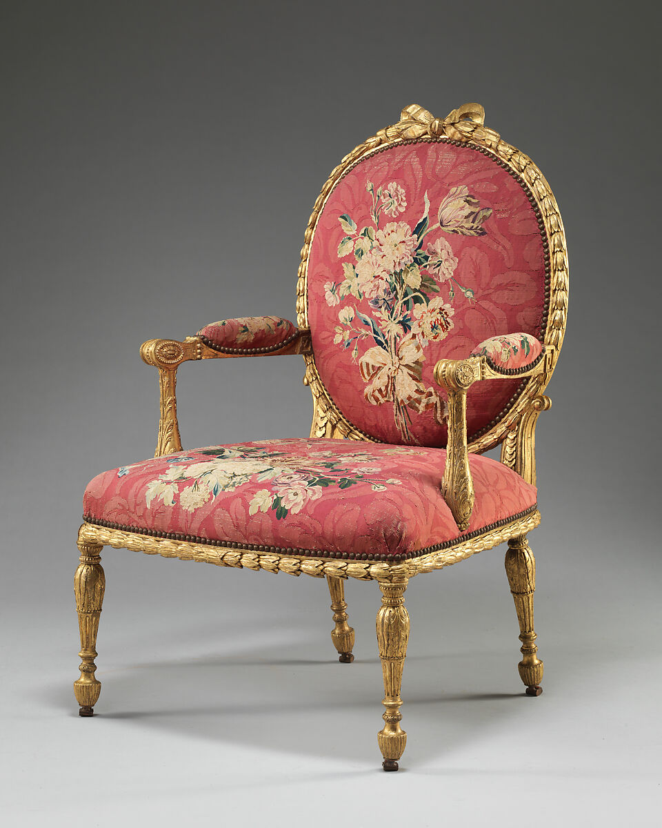 Armchair (one of a set of six), John Mayhew (British, 1736–1811), Gilded fruitwood; wool and silk (22-24 warps per inch, 9-10 per centimeter), British and French