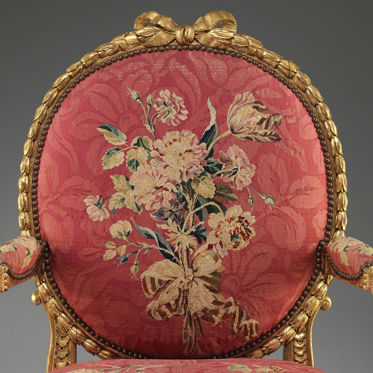 Armchair (one of a set of six), John Mayhew (British, 1736–1811), Gilded fruitwood; wool and silk (22-24 warps per inch, 9-10 per centimeter), British and French