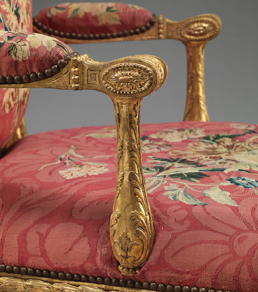 Armchair (one of a set of six), John Mayhew (British, 1736–1811), Gilded fruitwood; wool and silk (22-24 warps per inch, 9-10 per centimeter), British and French