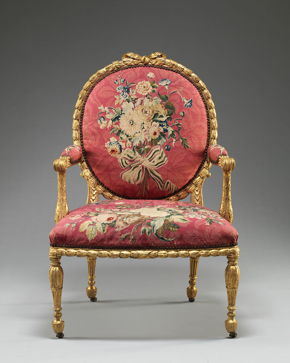 Armchair (one of a set of six), John Mayhew (British, 1736–1811), Gilded fruitwood; wool and silk (22-24 warps per inch, 9-10 per centimeter), British and French 