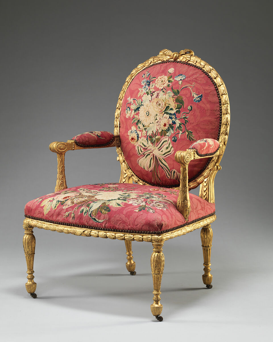 Armchair (one of a set of six), John Mayhew (British, 1736–1811), Gilded fruitwood; wool and silk (22-24 warps per inch, 9-10 per centimeter), British and French