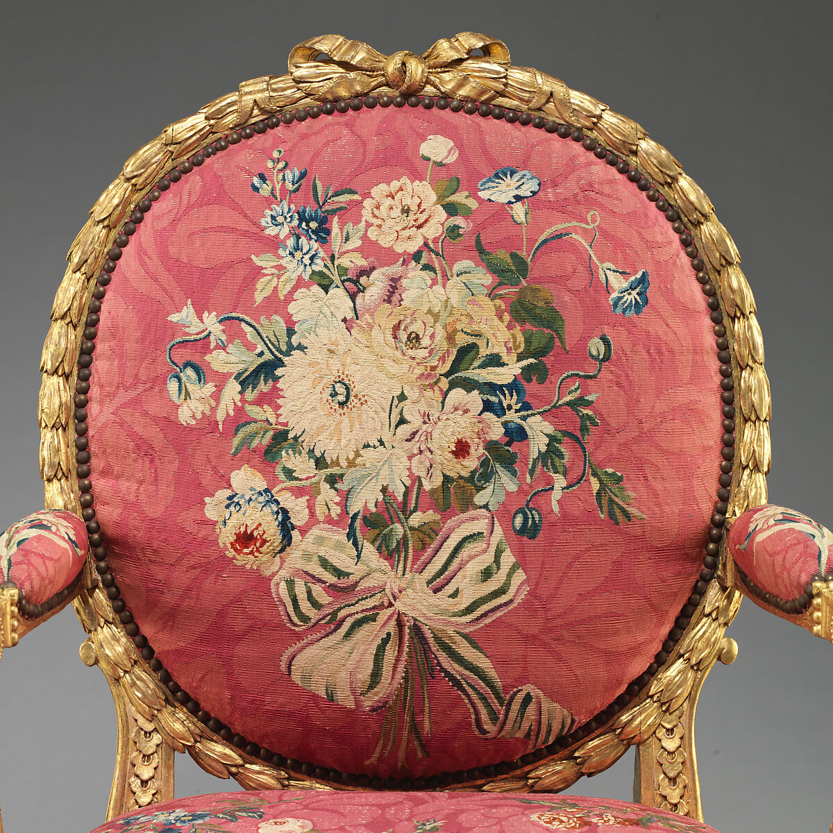 Armchair (one of a set of six), John Mayhew (British, 1736–1811), Gilded fruitwood; wool and silk (22-24 warps per inch, 9-10 per centimeter), British and French