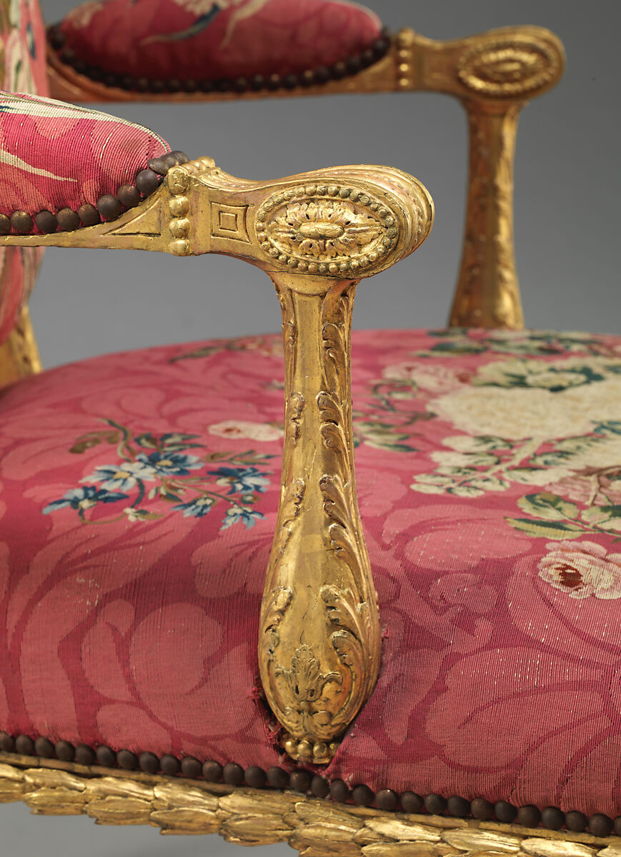 Armchair (one of a set of six), John Mayhew (British, 1736–1811), Gilded fruitwood; wool and silk (22-24 warps per inch, 9-10 per centimeter), British and French