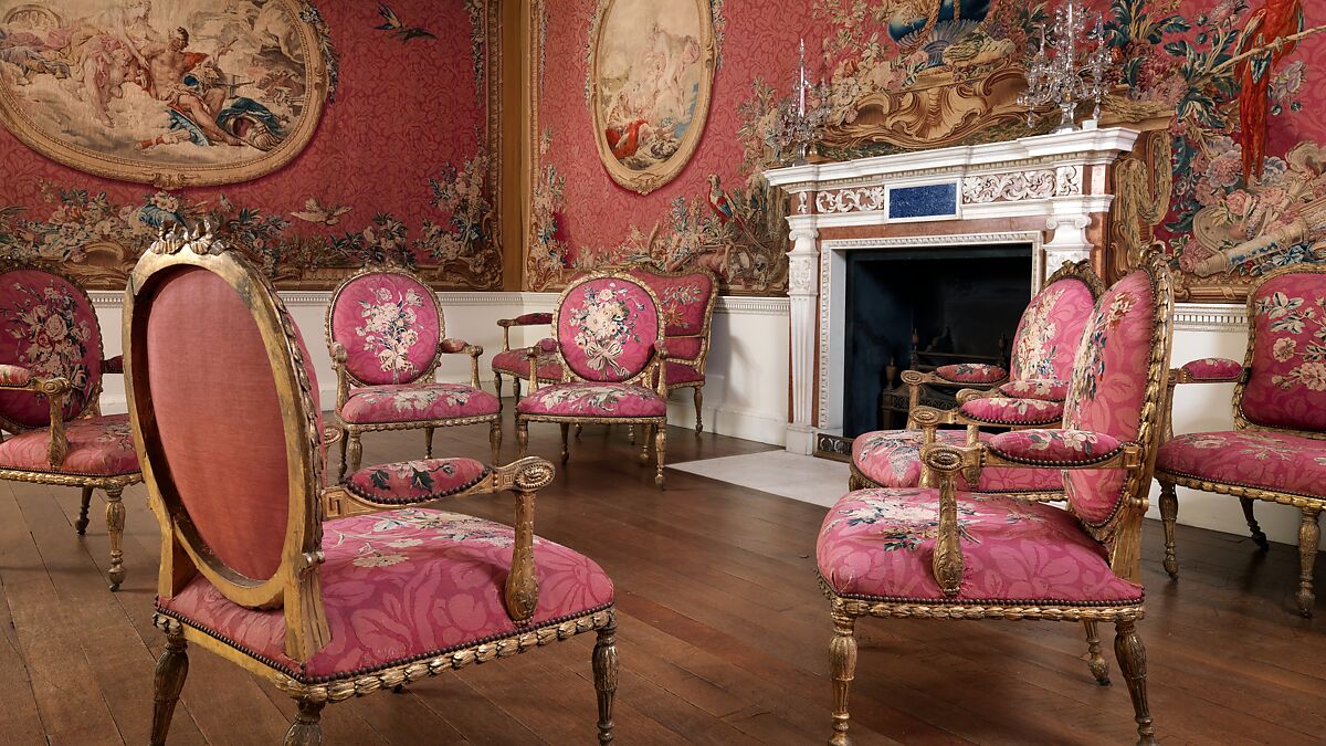 Armchair (one of a set of six), John Mayhew (British, 1736–1811), Gilded fruitwood; wool and silk (22-24 warps per inch, 9-10 per centimeter), British and French