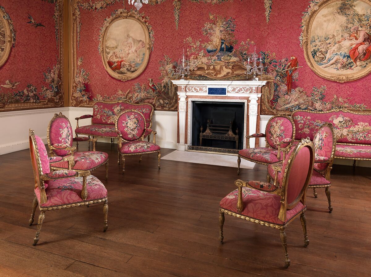 Armchair (one of a set of six), John Mayhew (British, 1736–1811), Gilded fruitwood; wool and silk (22-24 warps per inch, 9-10 per centimeter), British and French