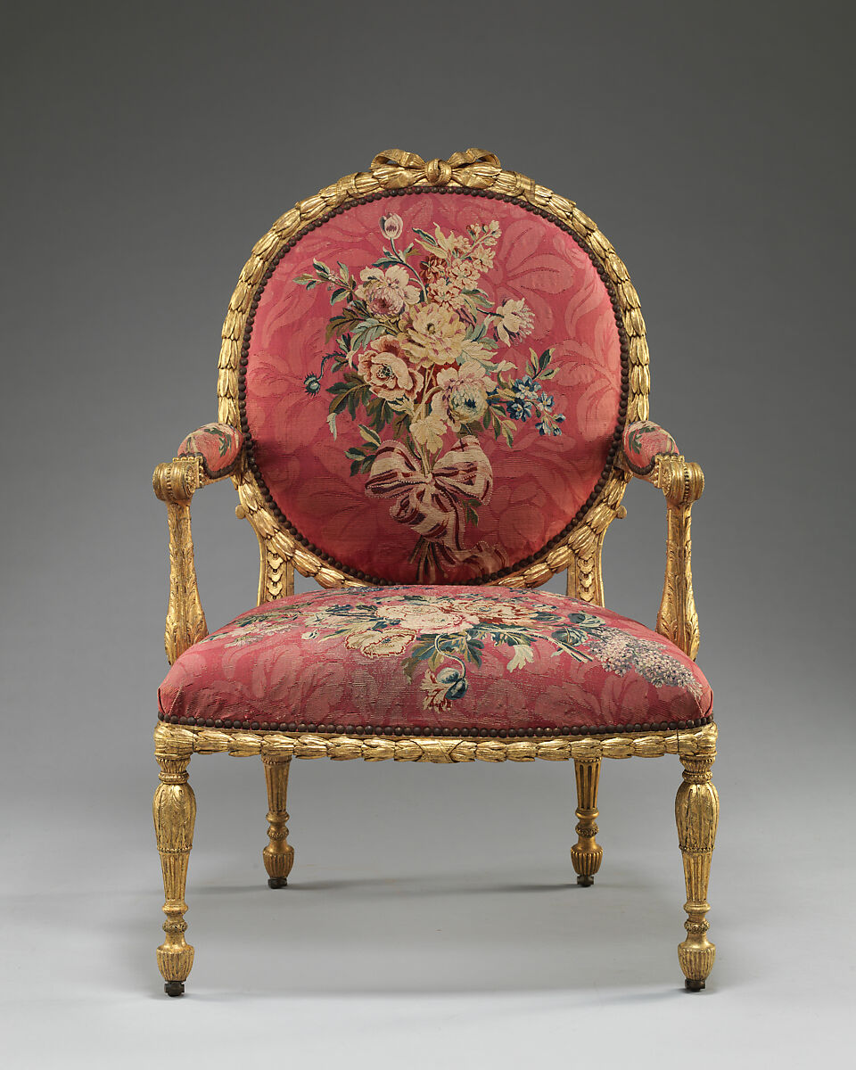 Armchair (one of a set of six), John Mayhew (British, 1736–1811), Gilded fruitwood; wool and silk (22-24 warps per inch, 9-10 per centimeter), British and French 