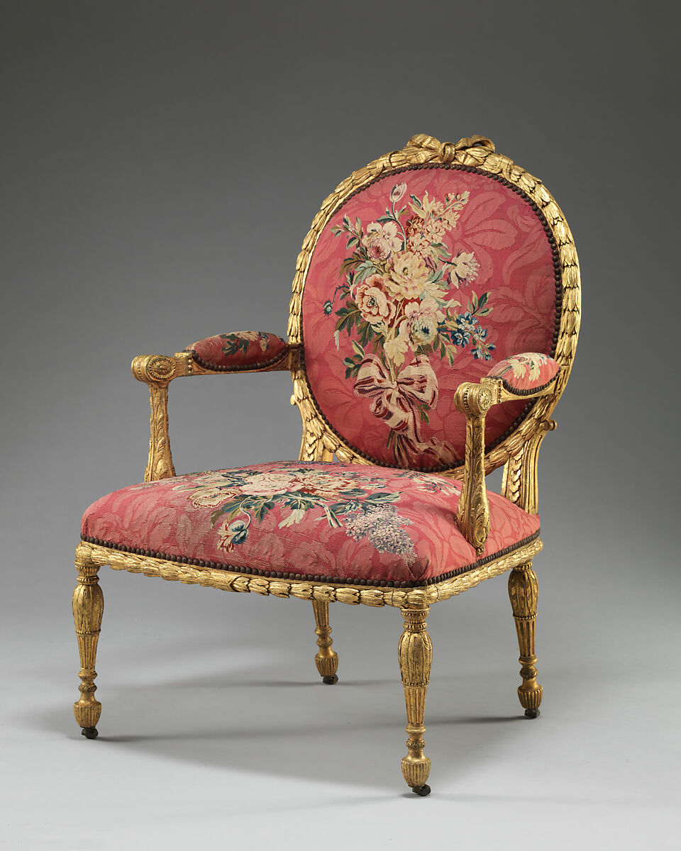 Armchair (one of a set of six), John Mayhew (British, 1736–1811), Gilded fruitwood; wool and silk (22-24 warps per inch, 9-10 per centimeter), British and French