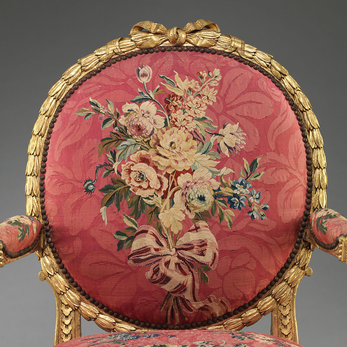 Armchair (one of a set of six), John Mayhew (British, 1736–1811), Gilded fruitwood; wool and silk (22-24 warps per inch, 9-10 per centimeter), British and French