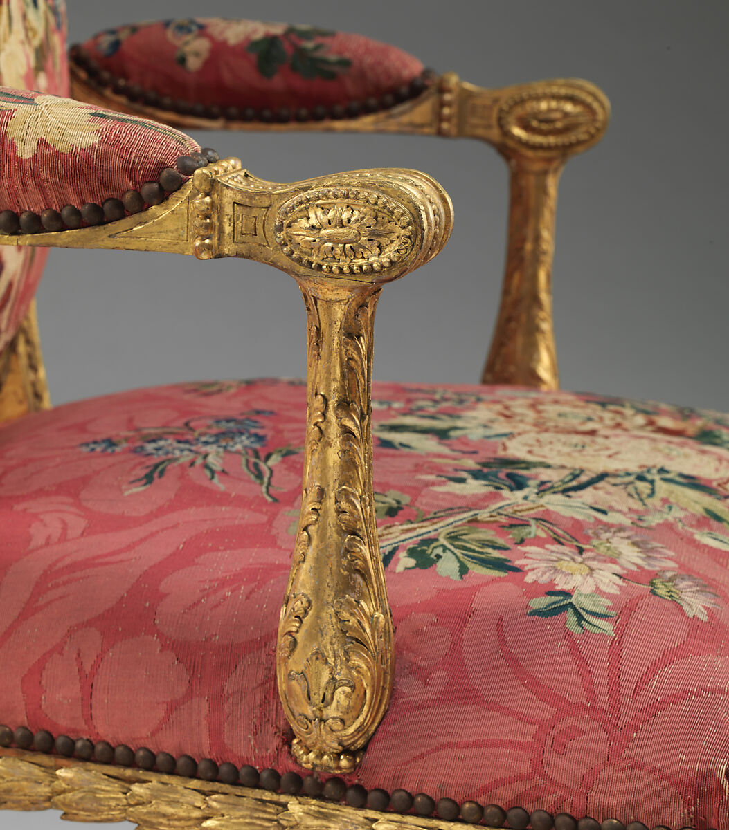 Armchair (one of a set of six), John Mayhew (British, 1736–1811), Gilded fruitwood; wool and silk (22-24 warps per inch, 9-10 per centimeter), British and French