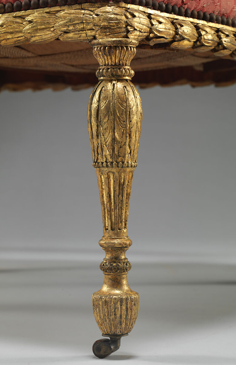 Armchair (one of a set of six), John Mayhew (British, 1736–1811), Gilded fruitwood; wool and silk (22-24 warps per inch, 9-10 per centimeter), British and French